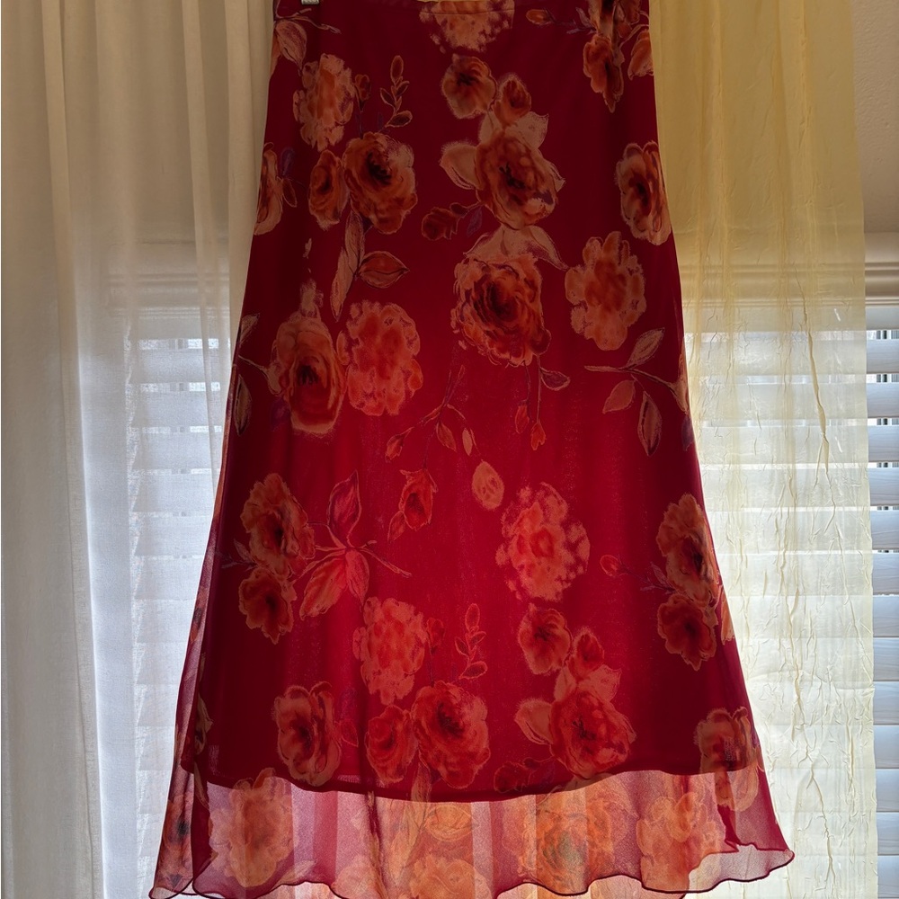 Clio Red Midi Floral A-Line Skirt